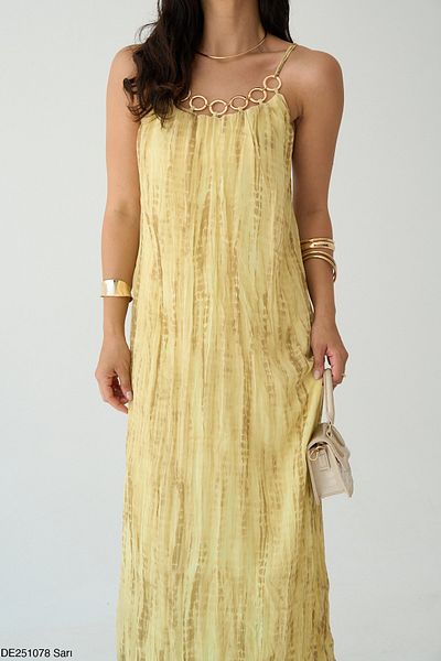 Julidress Lined Chiffon Dress with Yellow Strap and Gold Metal Ring Detail