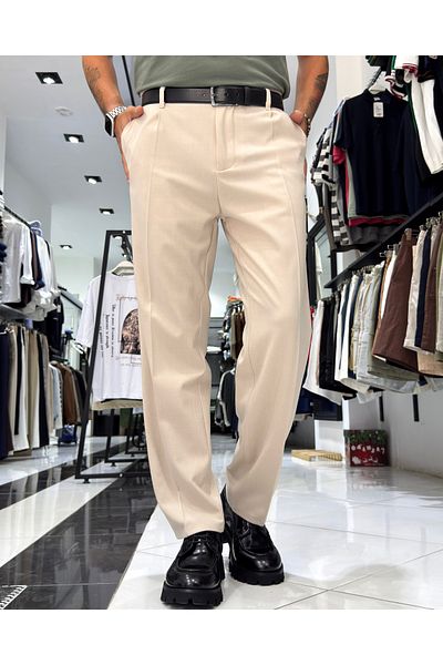 higo Men's Baggy Fit Pleated Fabric Trousers