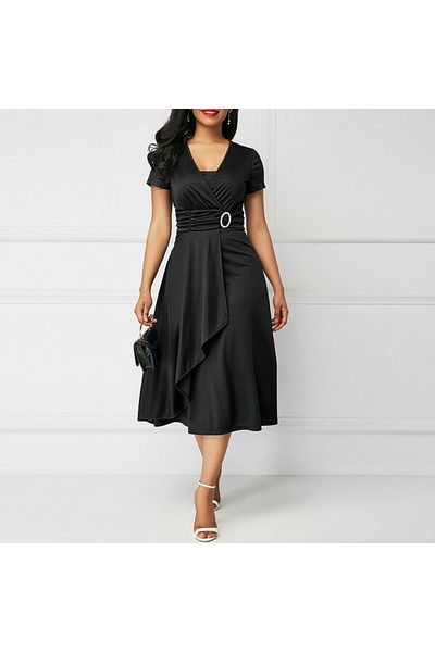 JANES Women's Short Sleeve Double Breasted Collar Belt And Buckle Detail Crepe Dress