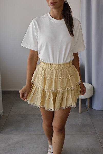 Elzem Boutique Sarı Dantel Geçişli Etek