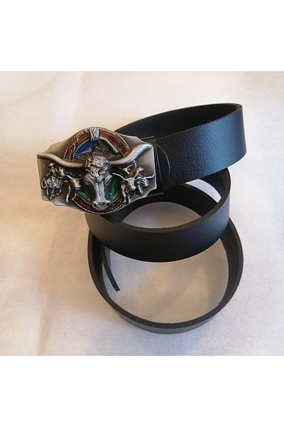 Butik Tülin Unisex Authentic Genuine Cowhide Black Silver Colored Enamel Cattle and Horse Head Cowboy Buckle Belt