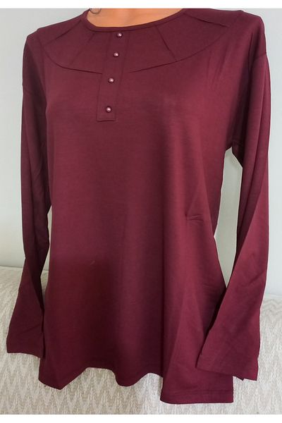 Anne Er Clothing Combed Cotton Blouse Crew Neck Long Sleeve Burgundy