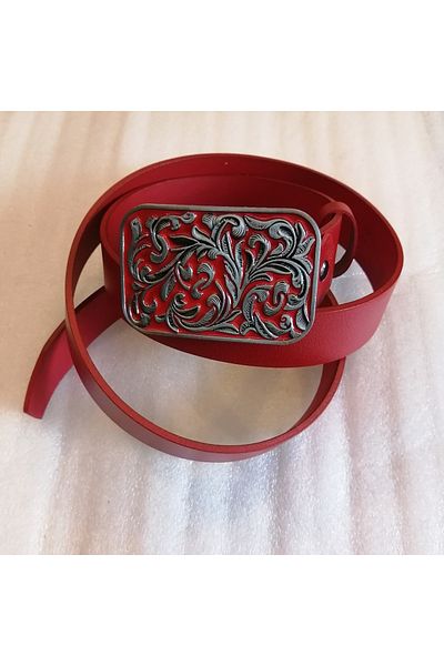 Butik Tülin Unisex Authentic Genuine Cowhide Leather Red Silver Leaf Pattern Enamel Cowboy Buckle Belt
