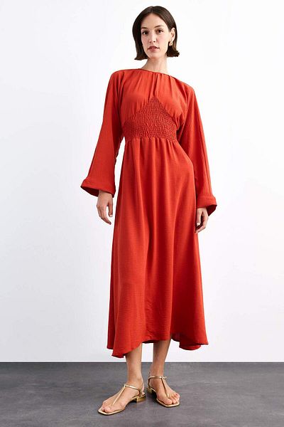 DeFacto Crew Neck Long Sleeve Midi Dress F8526Ax25Sm