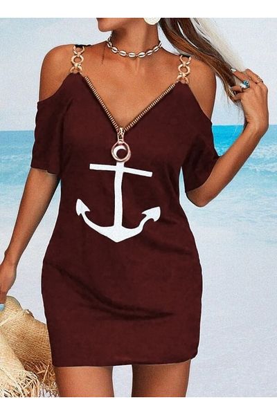 modaserdem Zipper detail Printed chain strap two thread dress - burgundy