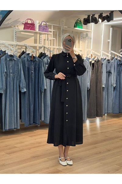 OlaLady Back a Pile Button Belted Hijab Dress