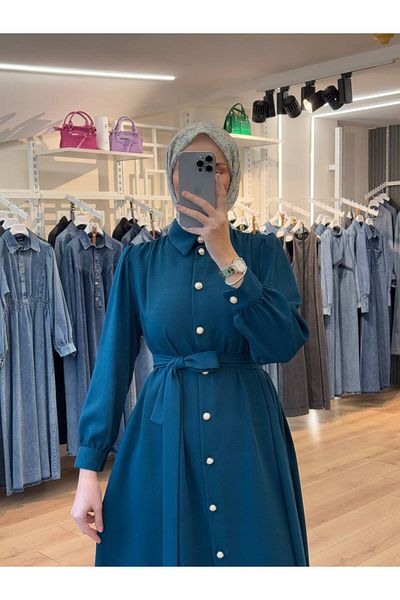 OlaLady Back a Pile Button Belted Hijab Dress