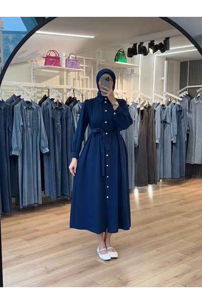 OlaLady Back a Pile Button Belted Hijab Dress