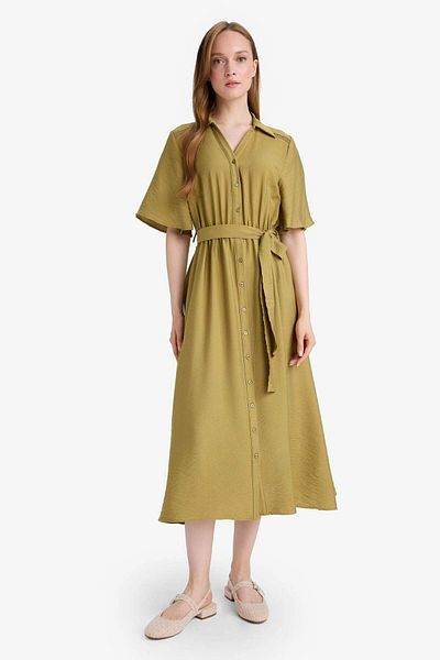 DeFacto A-Line Shirt Collar Short Sleeve Midi Dress F5670Ax25Au