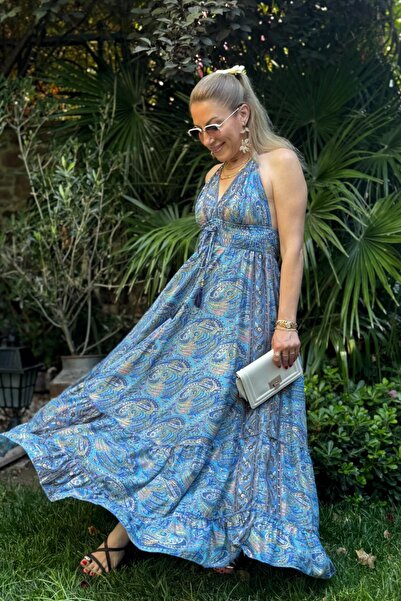 MİSLİNA BUTİK İthal Hint İpek Boyundan Bağlama Detay Elbise