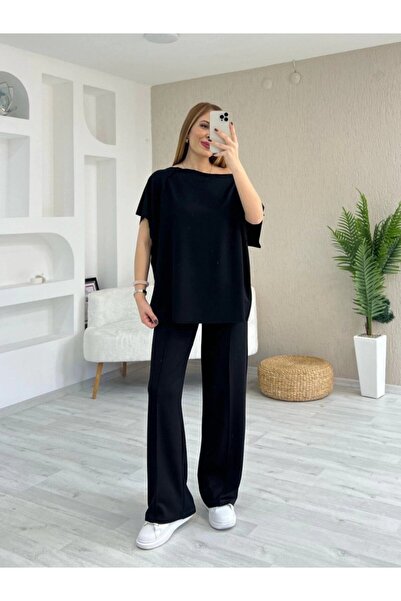 Genel Markalar eyesof Kadın Kısa Kollu Kayık Yakalı Dikiş Izi Detaylı Viskon Iki Iplik Bluz Ve Pantolon Ikili Takım