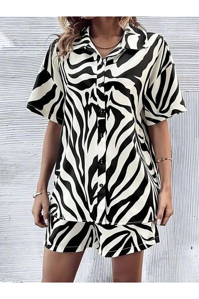 Simala Women's Zebra Patterned Cotton-Polyester Fabric Double Set