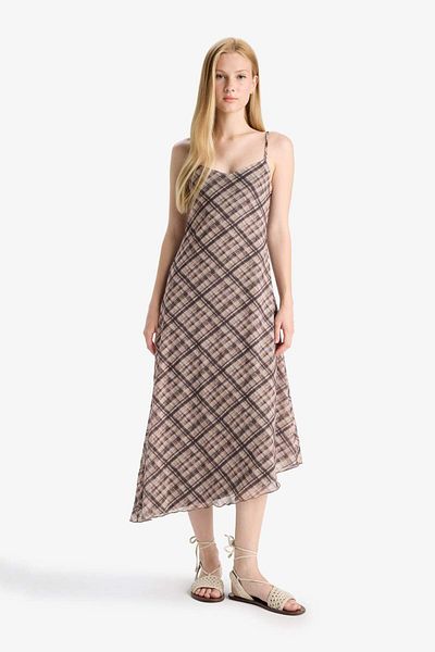 DeFacto Coool V-Neck Checked Tulle Strap Midi Dress F7971Ax25Au