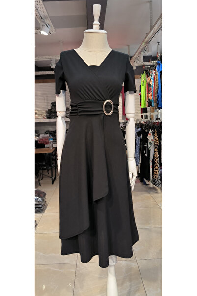 buğrahayalin Women's Short Sleeve Double Breasted Collar Belt And Buckle Detail Crepe Dress