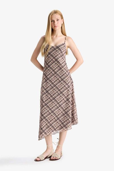 DeFacto Coool V-Neck Checked Tulle Strap Midi Dress F7971Ax25Au