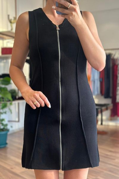 Unique Boutique Black Steel Knit Standard Size Dress with Front Zipper Closure