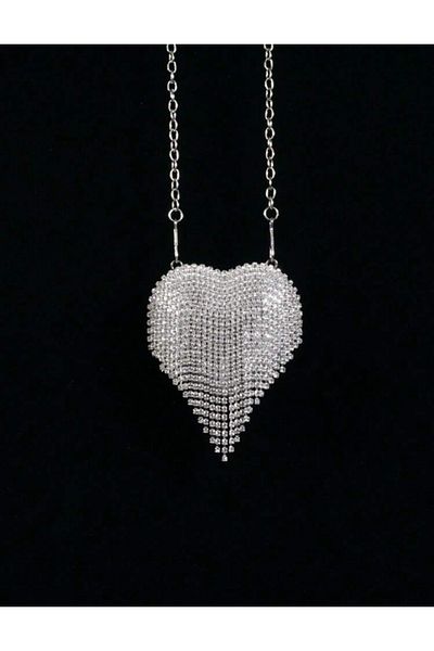 La Saade Crystal Heart Bag-Silver Mini Bag with Crystal Stone Heart