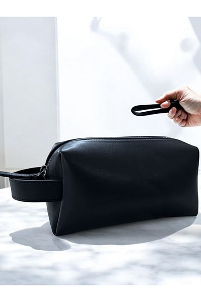 NZCLUB Men's Black Vegan Leather Water Resistant Elegan Portfolio Style Handbag Shaving Cosmetic Handbag