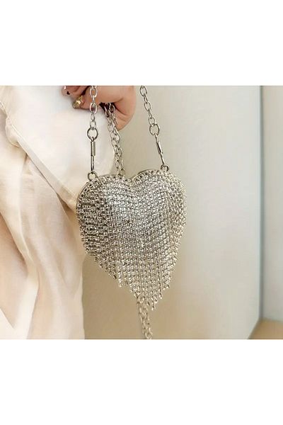 La Saade Crystal Heart Bag-Silver Mini Bag with Crystal Stone Heart