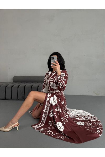 Pulli Collection Atlas Fabric Floral Patterned Belted Long Dress