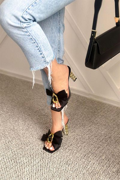Ayakkabı Delisiyim Women's Heeled Slippers Firli Black Satin Transparent Buckle Chain Heel