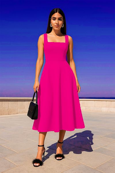 peelter Women's Square Collar Thick Strap Design Midi Dress