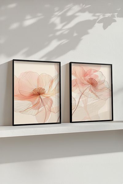STARYUNA Set of 2 Paintings with Flowers with Black Wooden Frame Yuna19