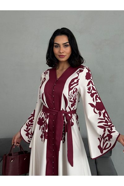 Pulli Collection Atlas Fabric Burgundy Patterned Belted Long Dress