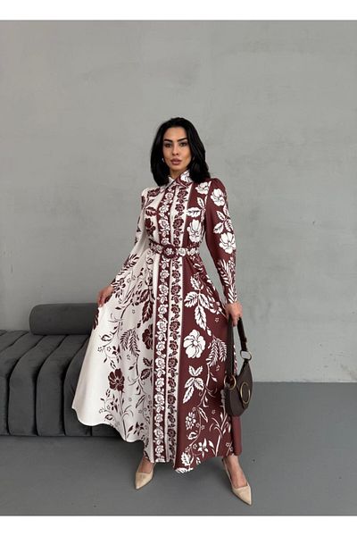Pulli Collection Atlas Fabric Floral Patterned Belted Long Dress