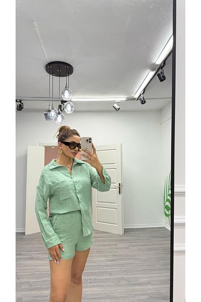 Daves Țesătură de muselină verde Cămașă cu croială lejeră Pantaloni scurți Set din două piese