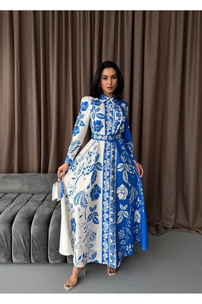Pulli Collection Atlas Fabric Floral Patterned Belted Long Dress