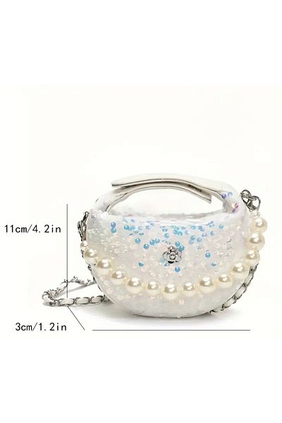 La Saade Pearl Glimmer Bag-Shimmering Sequin Pearl Detailed Cocktail Clutch Hand and Arm Bag
