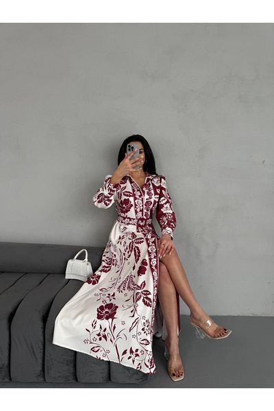 Pulli Collection Atlas Fabric Floral Patterned Belted Long Dress