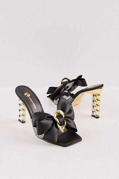 Ayakkabı Delisiyim Women's Heeled Slippers Firli Black Satin Transparent Buckle Chain Heel