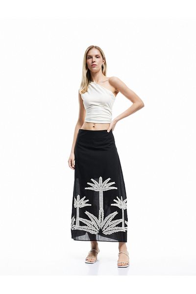Koton Nou sezon Fusta midi în formă de A cu model de palmier cu detaliu de broderie din bumbac