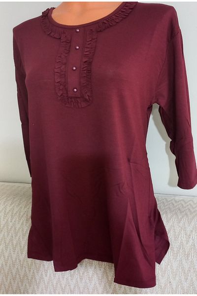 Anne Er Clothing Summer Combed Cotton Blouse Crew Neck Capri Sleeve Claret Red