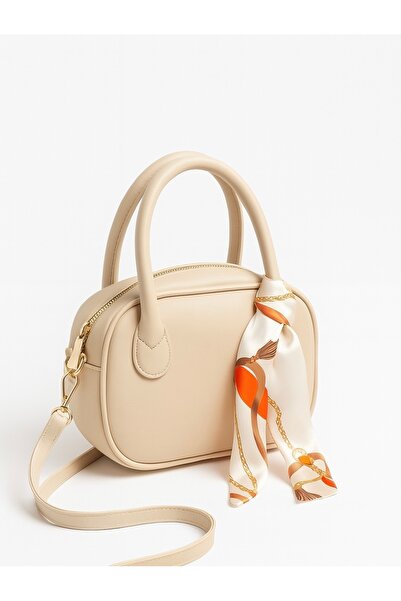 Nova Beige Oval Mini Hand & Shoulder Women's Bag – Gold Zipper, Patterned Scarf