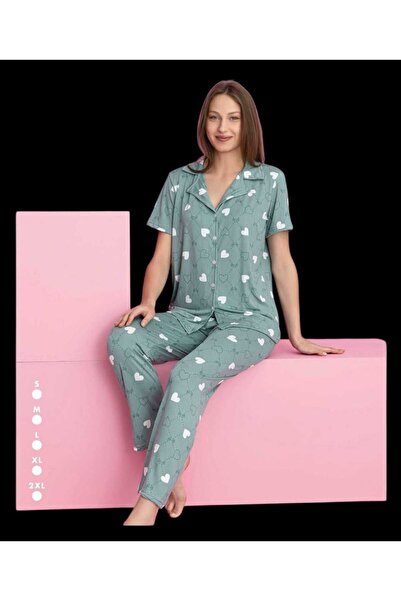aytenli Shirt Collar Button Short Sleeve Patterned Lycra Loose Milan Fabric Pajama Set