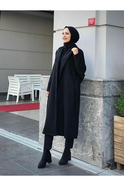 MERVEN AKYÜZ Anja Παλτό Σάλι Μαύρο