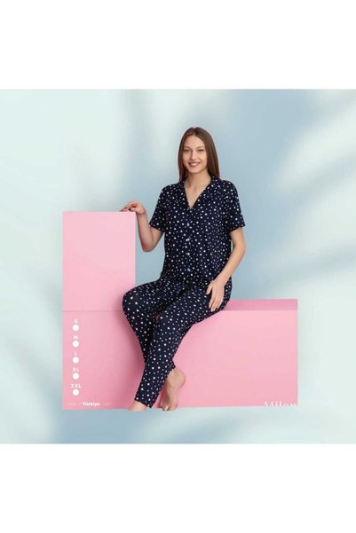 aytenli Shirt Collar Button Short Sleeve Patterned Lycra Loose Milan Fabric Pajama Set