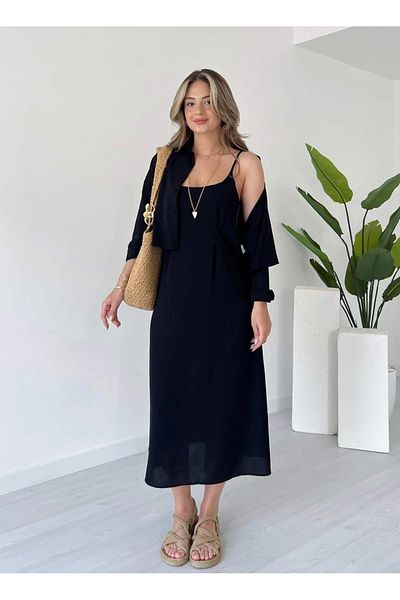 Afiş Butik Black Strap Pleated Shirt Midi Dress