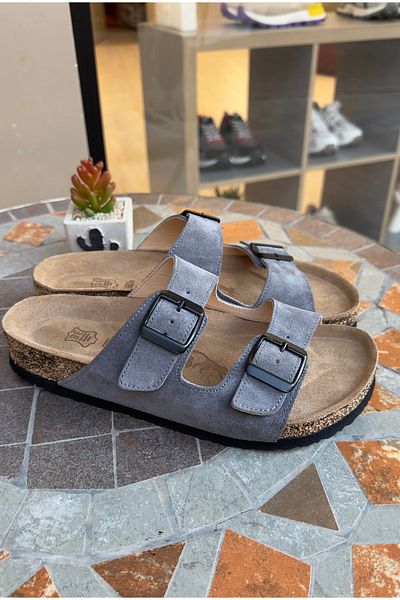 Lemoors Maria Natural Cork Genuine Leather Double Banded Anthracite Color Women's Slippers