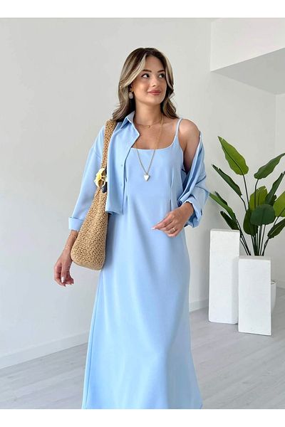 Afiş Butik Blue Strap Pleated Shirt Midi Dress