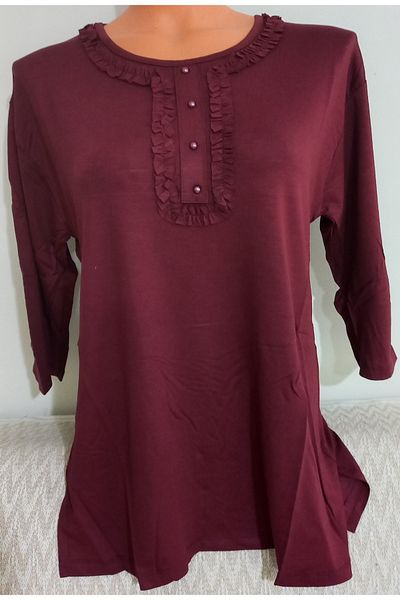 Anne Er Clothing Summer Combed Cotton Blouse Crew Neck Capri Sleeve Claret Red