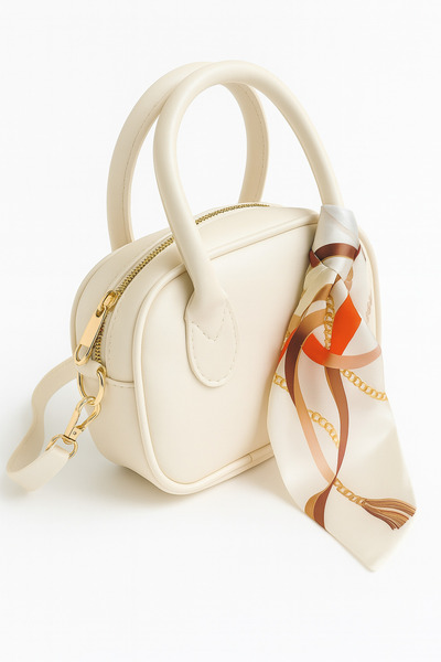 Nova Krem Oval Mini El & Omuz Kadın Çantası – Altın Fermuar, Desenli Fular