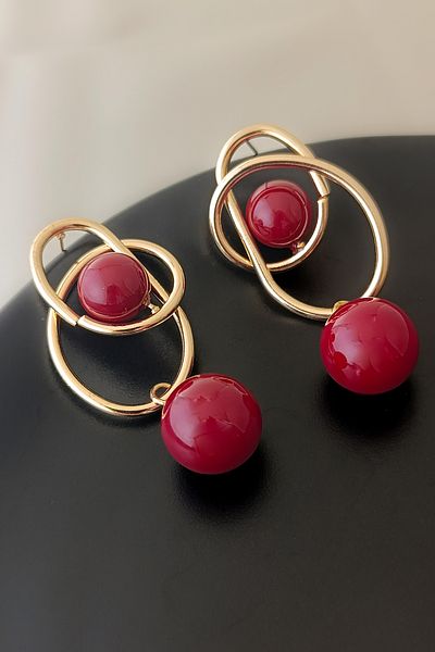 COSİTA Vintage Pearl Gold Spiral Big Burgundy Earrings