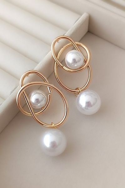 COSİTA Vintage Pearl Gold Spiral Big White Earrings