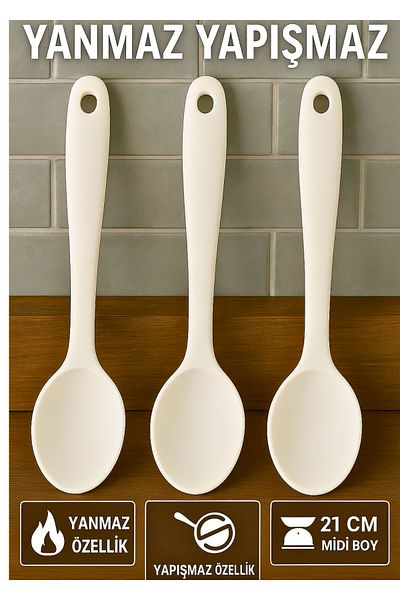 BRE HOME 21 cm 3-Piece Silicone Spoon Set – Fireproof, Non-Stick, High Heat Resistant Midi Size White