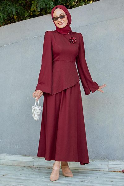 Tesettür Çarşım Rise Linen Brooch Blouse Skirt Suit-Burgundy