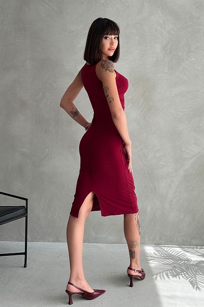 EYLANA Bordo Zero Sleeve Drape Slit Midi Length Sandy Dress